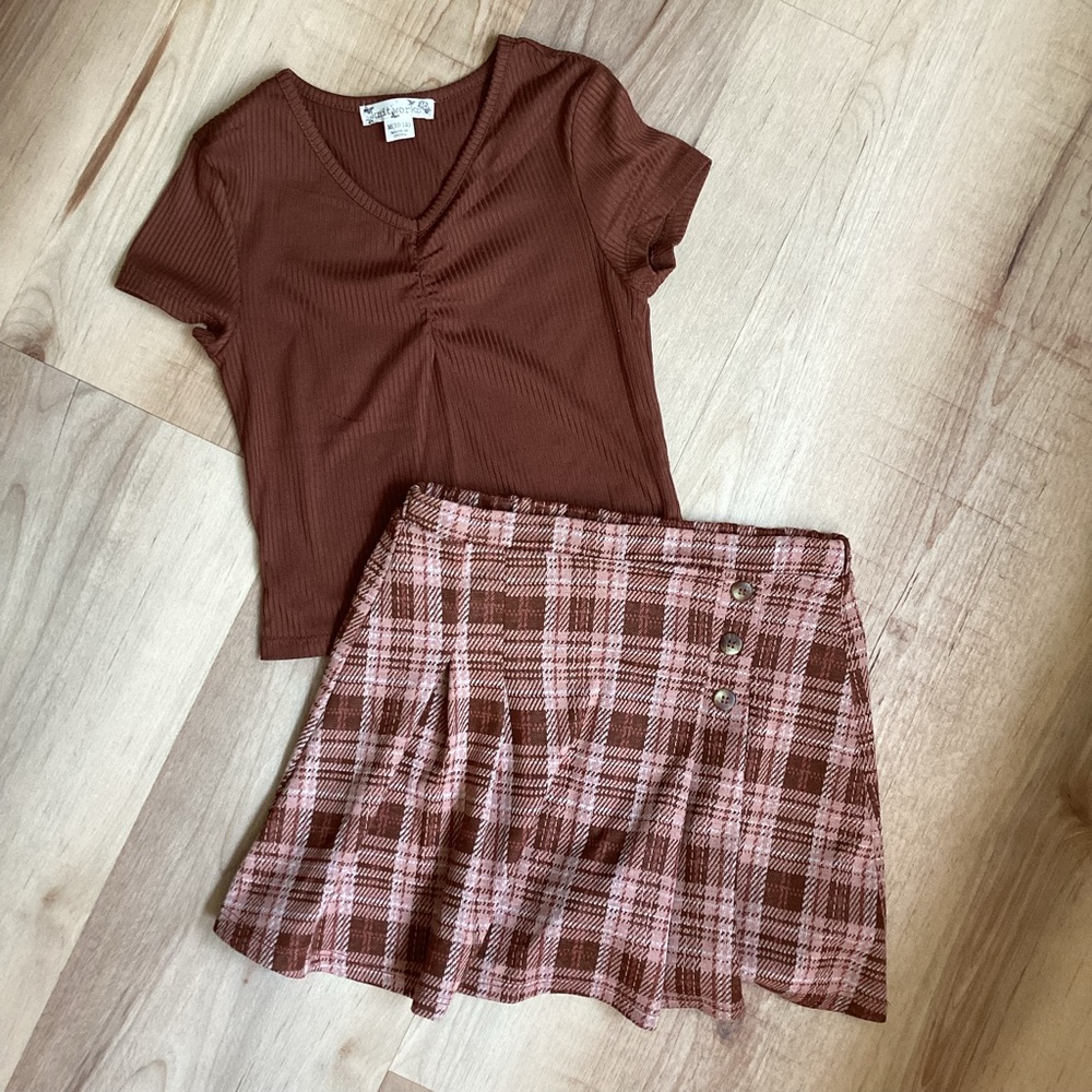 Knitworks Set Pink Brown Plaid Skirt Brown short sleeve shirt - girls M 10/12